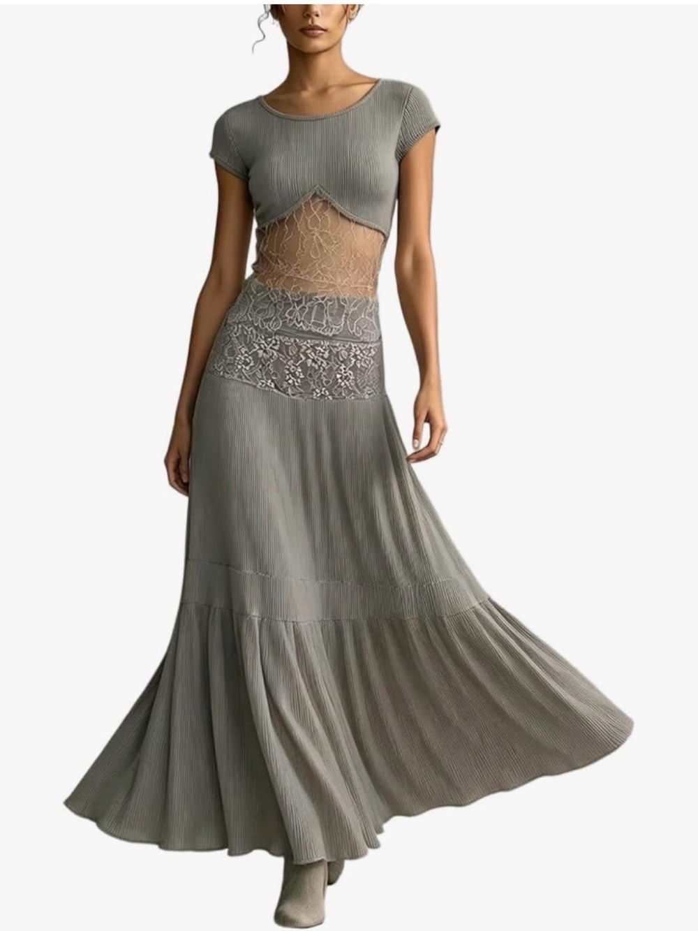 Women's Gray Lace Panel Maxi Skirt and Top Sz XS